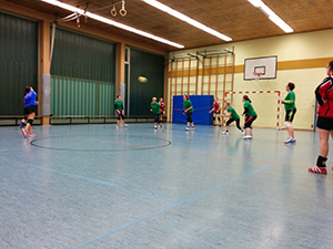 Das Bild zeigt wie die Mannschaft des TV Bliesdalheim gerade den Ball über das Feld der Mannschaft des TV Humes 1 wirft. Am rechten Bildrand ist die Schiedsrichterin zu erkennen.